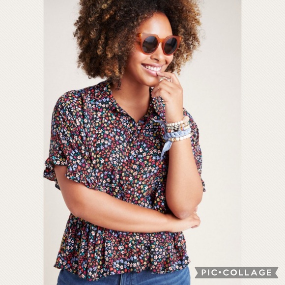 Anthropologie Maeve Mallory Ruffled Blouse in Black Floral - Picture 2 of 9